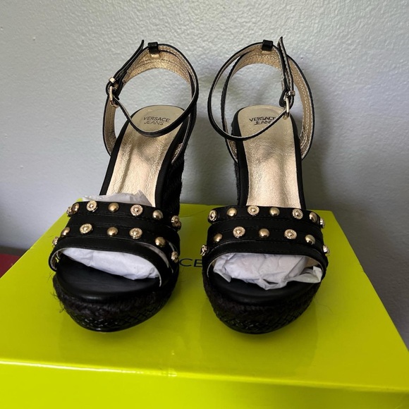 Versace Jeans Collection Black Wedge Heels with Gold Accents - Picture 4 of 8